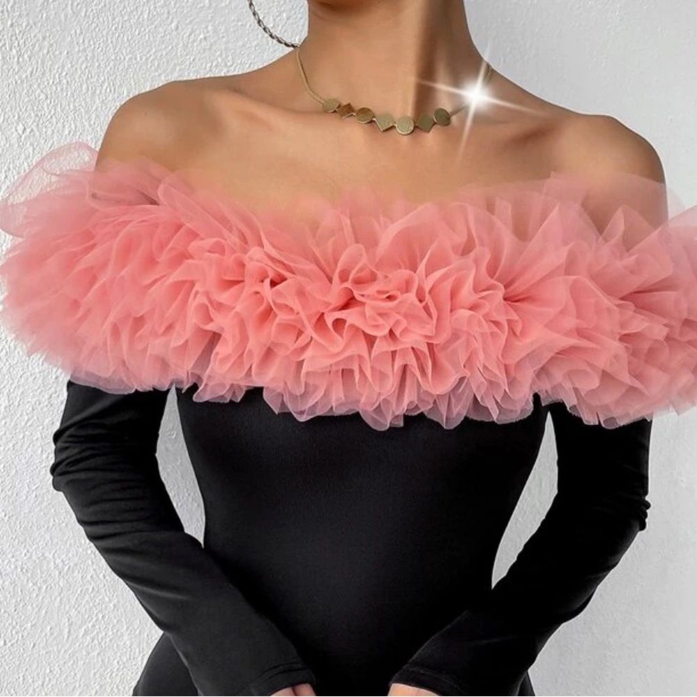 Elegant Pink and Black Off-Shoulder Bodysuit